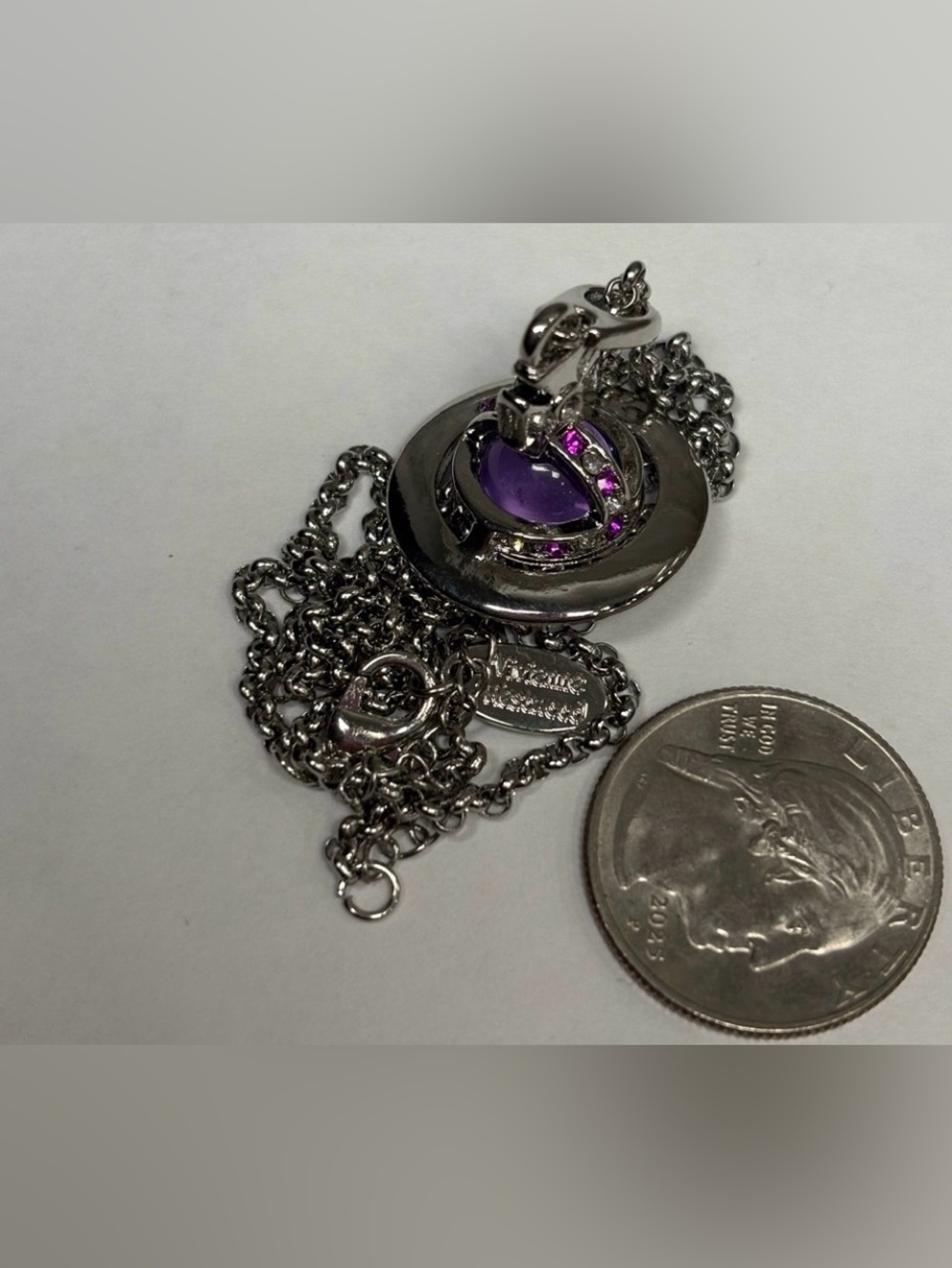 Silver Purple Pendant Necklace with Rhinestones